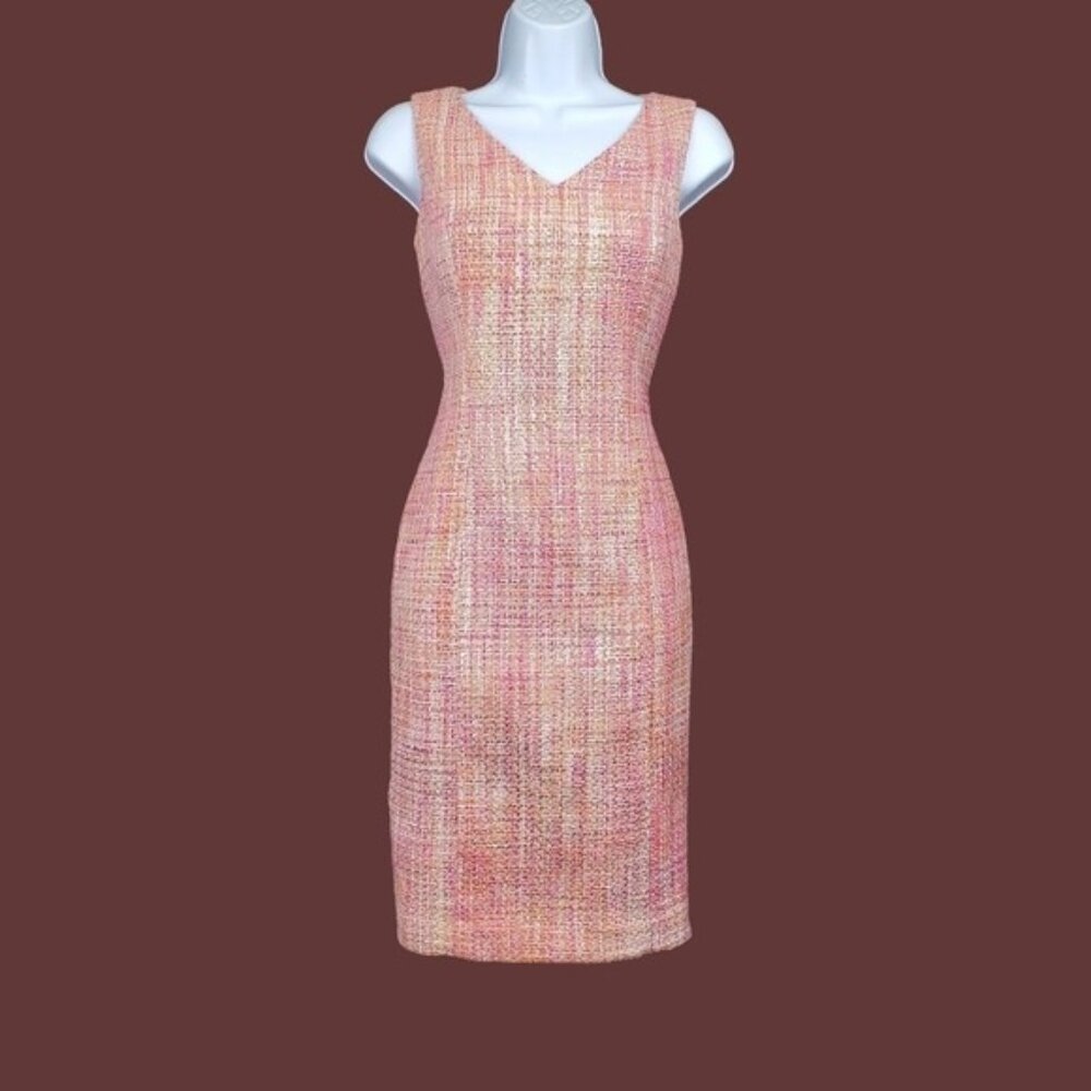 Talbots Womens Sleeveless Orange Pink V-Neck Tweed Sheath Mini Dress Size 4P NWT